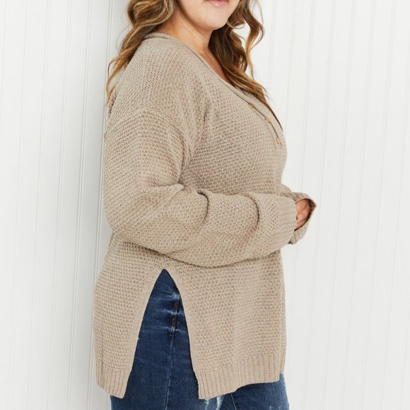 GeeGee Full Size Waffle Knit Henley Sweater - Picture 4 of 8